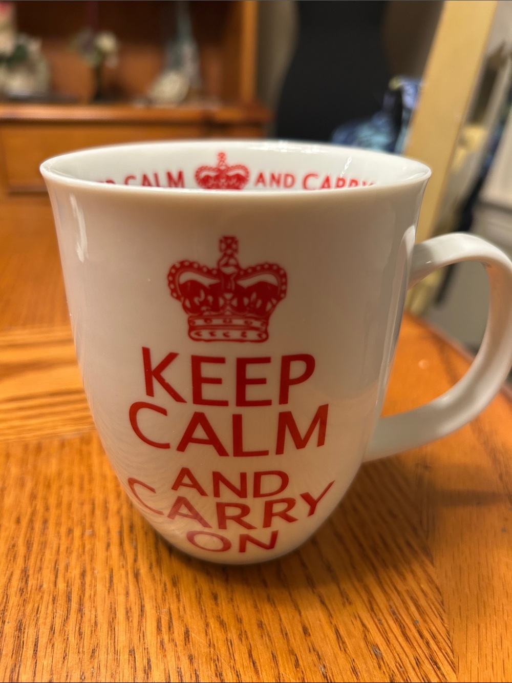 White Ceramic 'Keep Calm and Carry On' Mug with Red Print